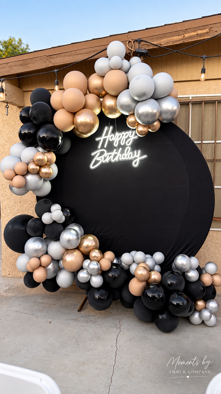 Black and gold birthday backdrop by Moments by AMMI & Company LLC