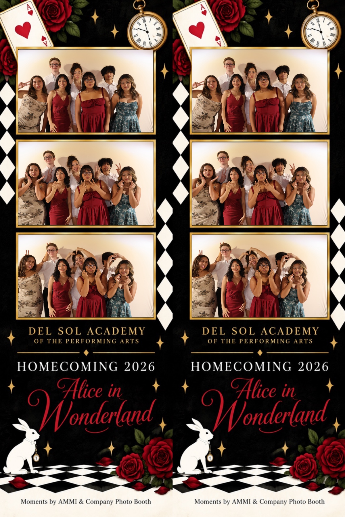 Del Sol Academy homecoming photo booth strip with three guest poses