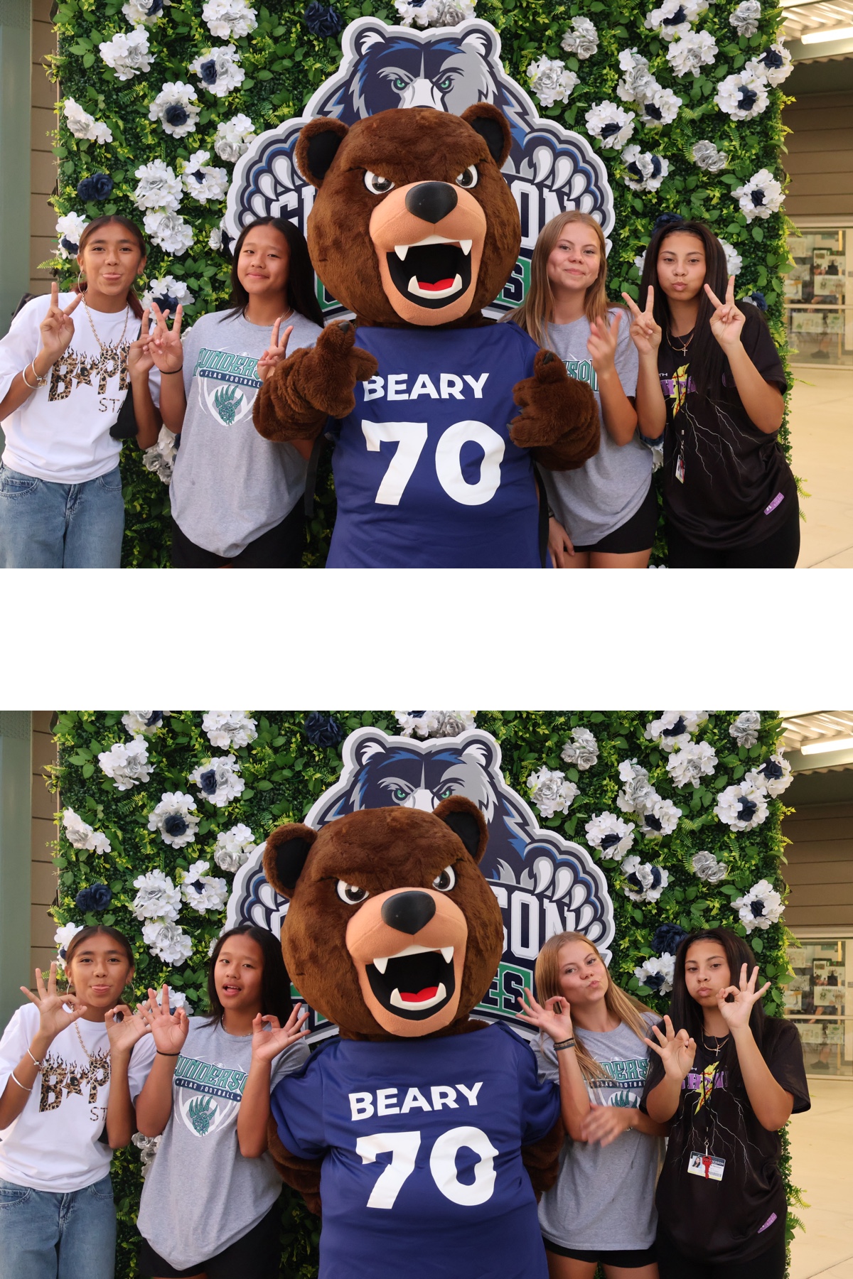 Grizzly mascot and guests posing at the Gunderson greenery wall