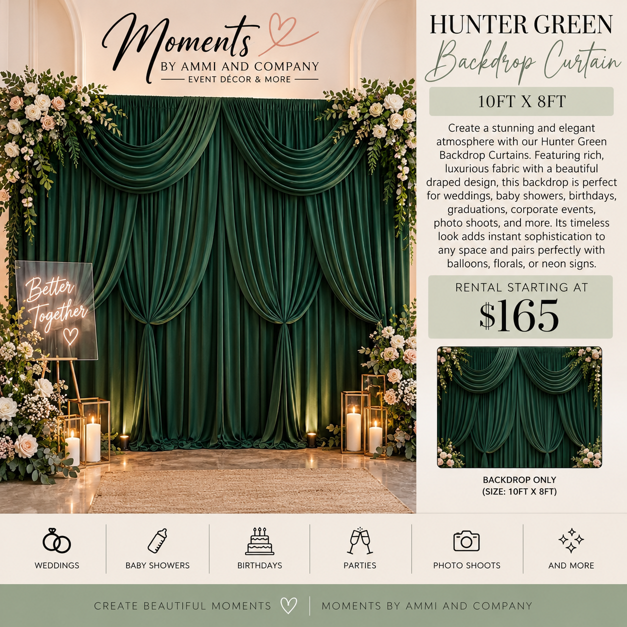 Hunter green backdrop curtain