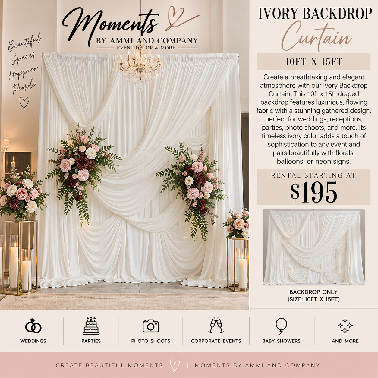 Ivory draped backdrop curtain