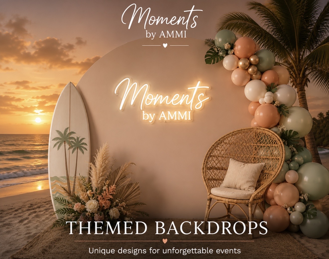 Moments by AMMI & Company LLC themed backdrop setup